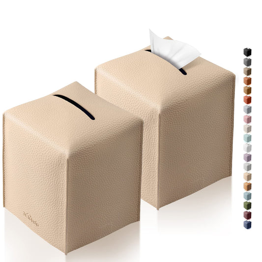 Tissue Box Cover, Tclouda, Modern PU Leather Square Tissue Box Holder for Creative Decorative, 2 Pack, Ideal for Bathrooms/Office/Car/Nightstand/Outdoor Tent/Dining Table, 5"X5"X5", Double Beige
