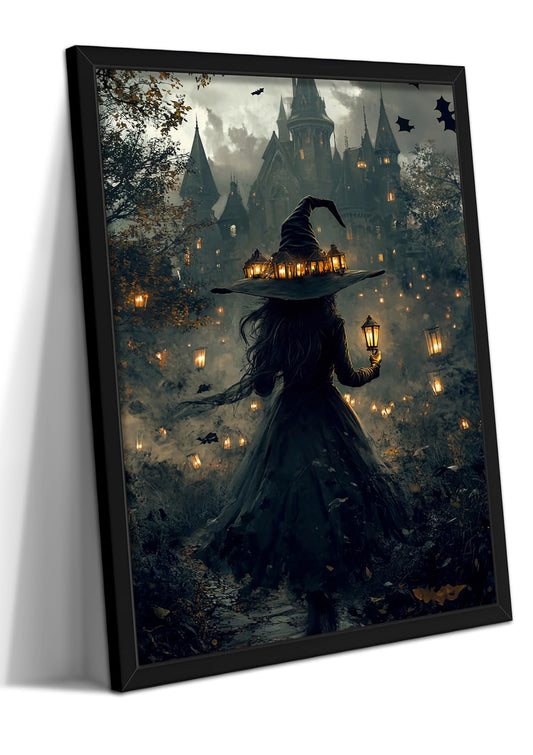 Dark Gothic Halloween Witch Canvas Wall Art, Witch Holding Lantern in Misty Forest Print, Mysterious Halloween Artwork, Whimsical Wall Decor for Living Room Bedroom Hallway, 8x10in, Black Frame