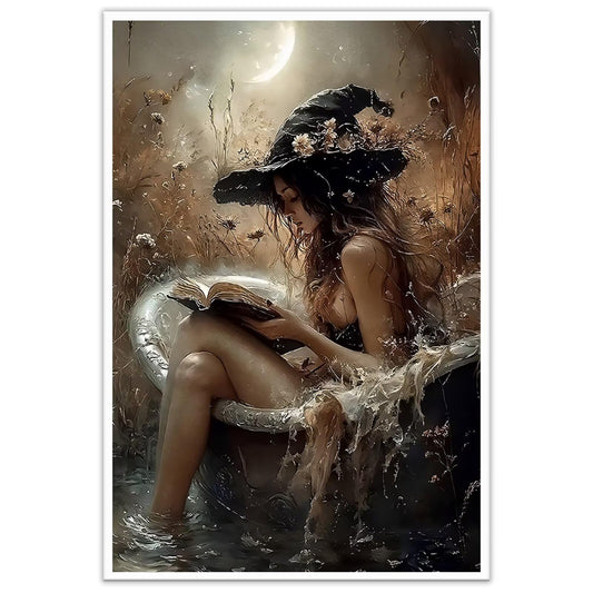 Witch Reading Book in Bathtub Poster Mystical Witch Bubblebath Wall Art Decor Whimsical Gothic Halloween Bathroom Canvas Print Vintage Home Decorations Living Aesthetic 12x16inch Unframed
