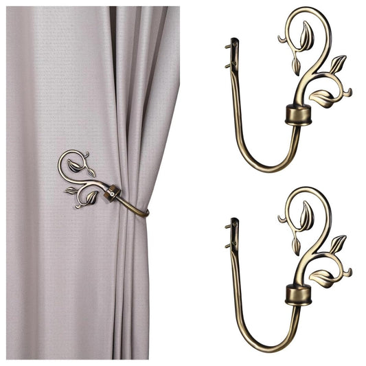 Leaf Shaped Curtain Holdbacks 2pcs, Handmade Metal Curtain Side Holders for Wall, Antique Brass Curtain Tieback Hook Pull Backs for Drapes Window Home Decoration (Bronze)
