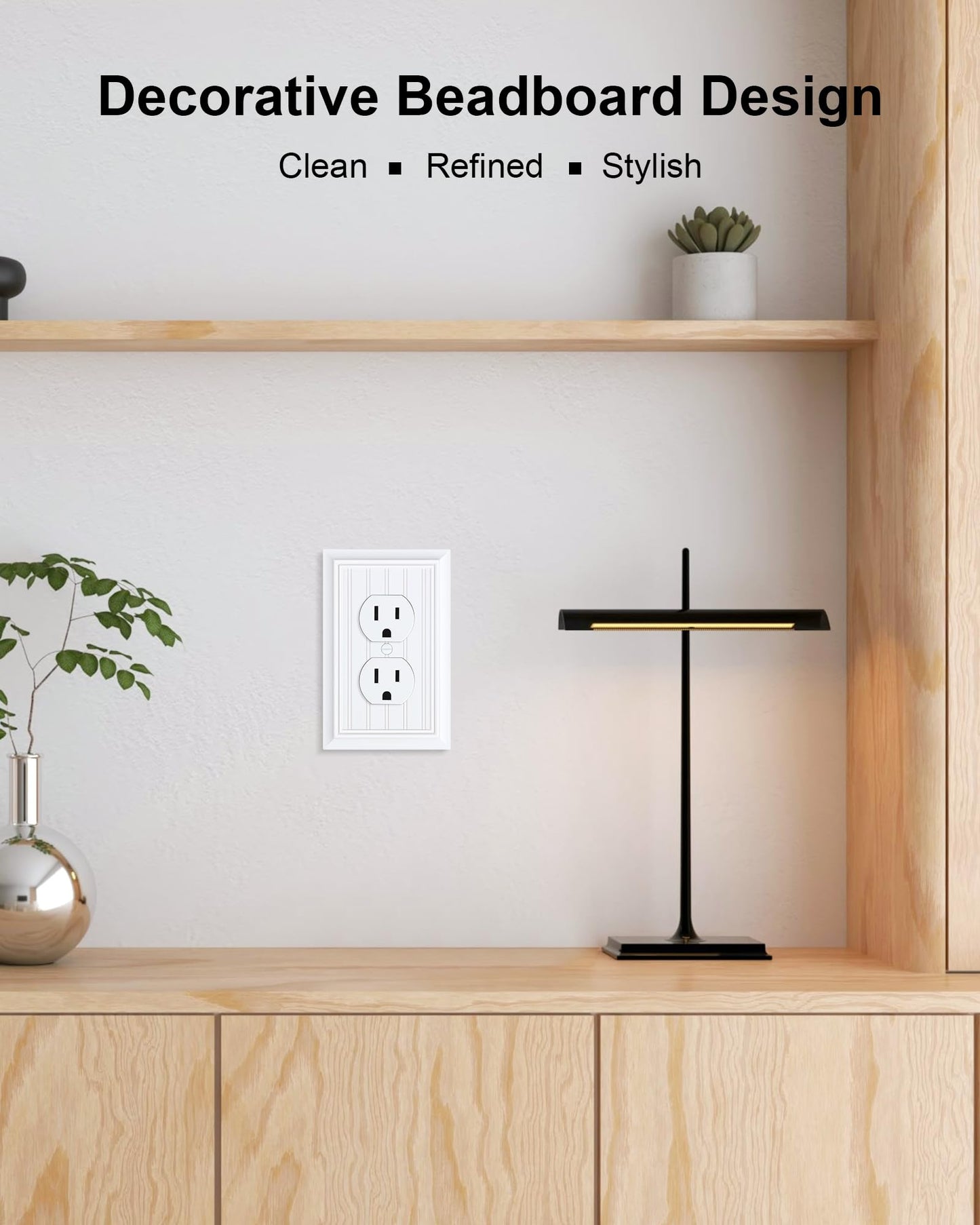 4-Pack Classic Beadboard Duplex Outlet Cover Plate, Decorative Pure White Switch Plates and Outlet Covers, Natural Bamboo Fiber Wall Plates for Electrical Outlets, 1 Gang Receptacle Cover