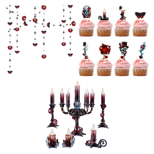 Cheerland Bundle Halloween Centerpieces 3D Rose Skull Candle Cutouts & Garland Red Rose Butterfly Eyeballs 4pcs & Cupcake Toppers Plastic Rose Skull Muffin Decors