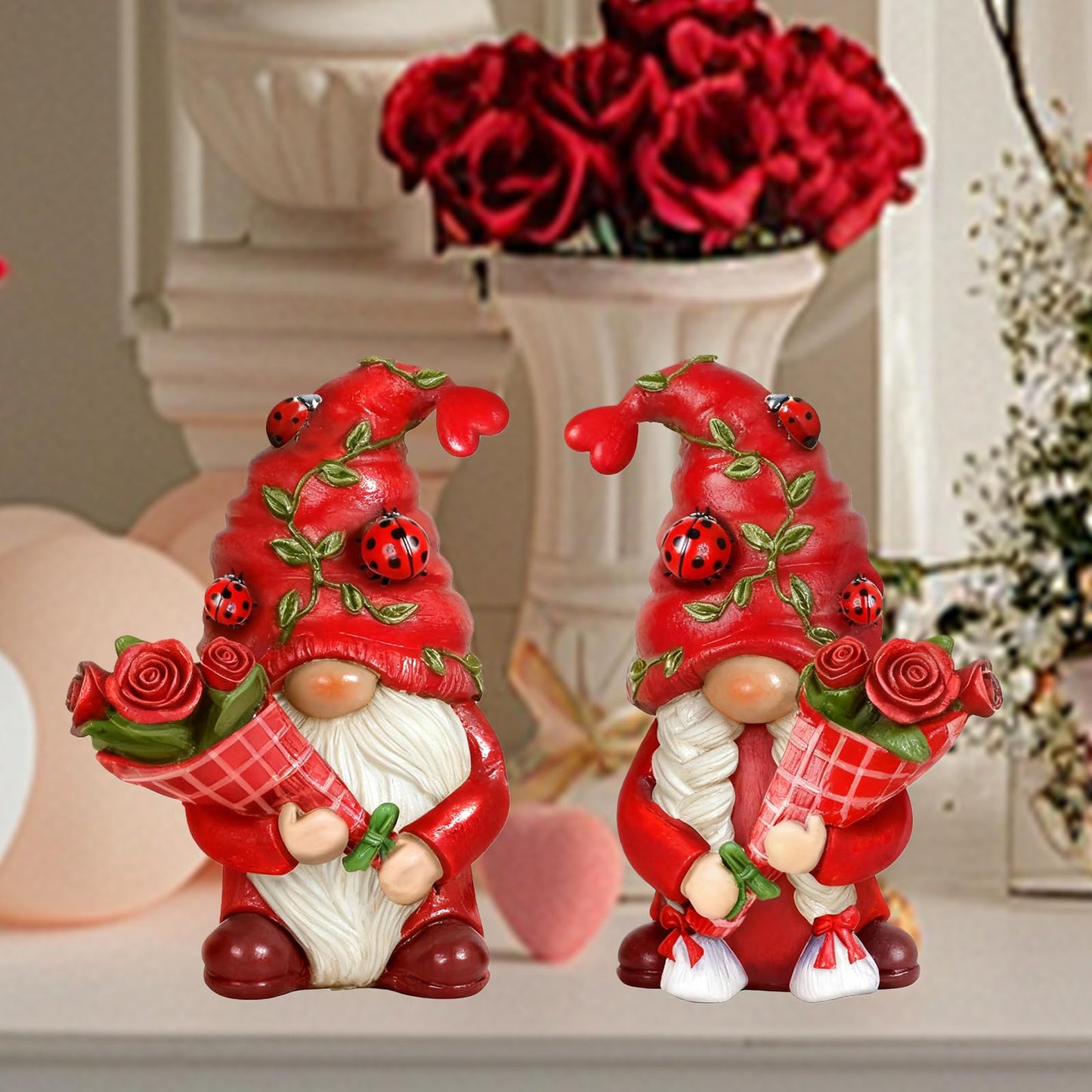 Eousera Red Roses Gnome Figurines - Indoor Home Office Spring Decor, Romantic Summer Gnomes Gifts for Women, Resin Ladybug Dwarf for Desk Shelf Decorations