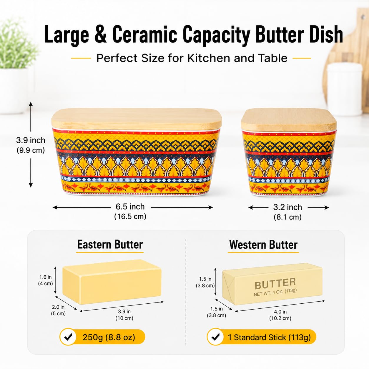 JINGUS Butter Dish with Lid, 6.5"Ceramic Butter Container for Countertop