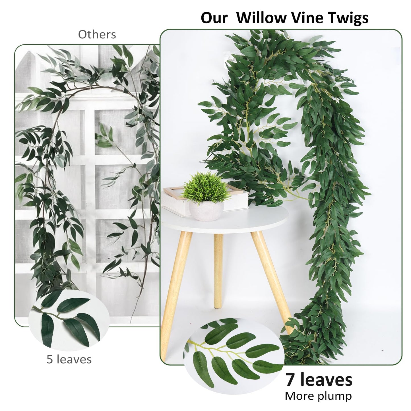 RECUTMS Artificial Willow Leaves Vine Twigs 2Pcs 6.2Ft Fake Hanging Plant Silk Leaf Ivy Garland Faux Italian Ruscus Greenery Indoor Outdoor Wedding Arch Jungle Beach Birthday Party Garden Decor