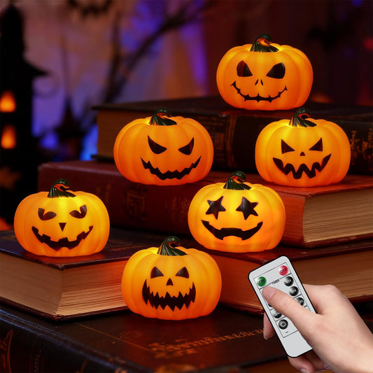 Wondise 6Pack Halloween Pumpkin Tea Lights with Remote and Timer, Battery Operated LED Orange Jack-O-Lantern Candles for Halloween Decor, Flameless Candles for Pumpkin Decorations