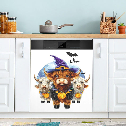 Dishwasher Magnet Cover Front Door Highland Cows Halloween Funny Decorative Refrigerator Covers Magnetic Sheet Sticker Wash Machine Fridge Panel Decal for Kitchen Appliance 23x26 in