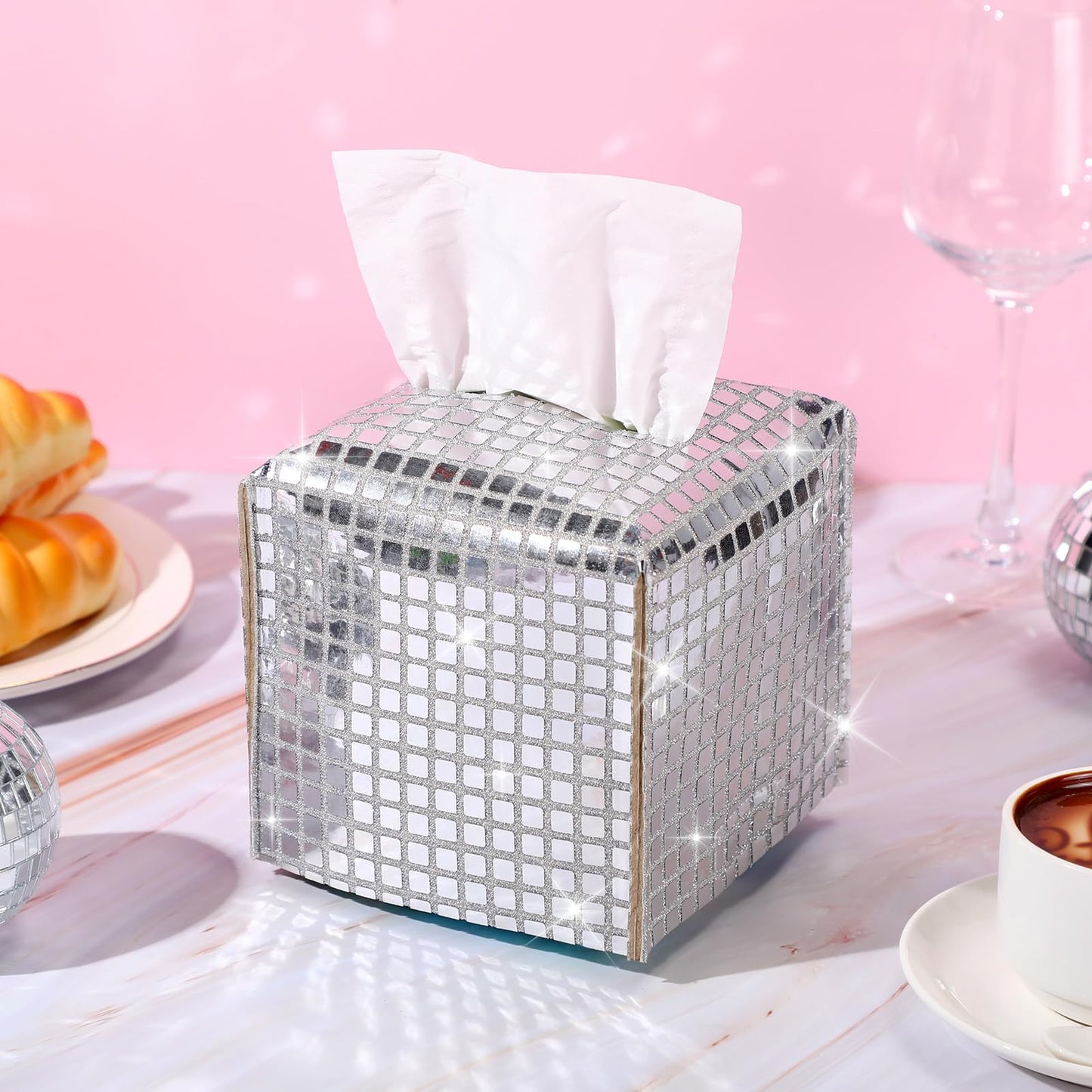 CroBlissful Disco Ball Tissue Box Cover Glitter Silver Square Rectangular Bling Paper Holder Sparkle Tissue Box for Bathroom Vanity Countertop Tabletop Car Office(Small,Disco Fabric,1)