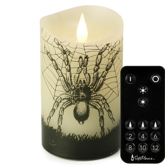 Softflame Halloween Flameless LED Candles with Remote Control, 3"x 5"Battery Operated Pillar Real Wax with Timer for Halloween Decorations, Spider Candle