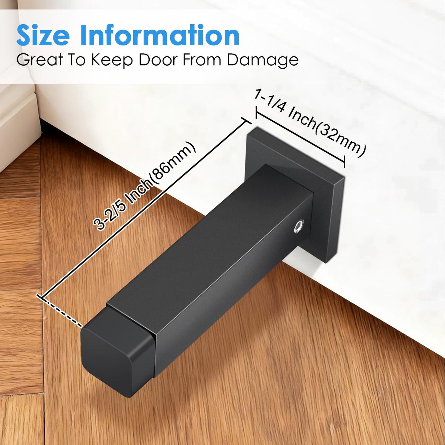 Door Stoppers, Black Door Stops for Wall Doorstop with Rubber Bumper Tips, 2 Pack, Square