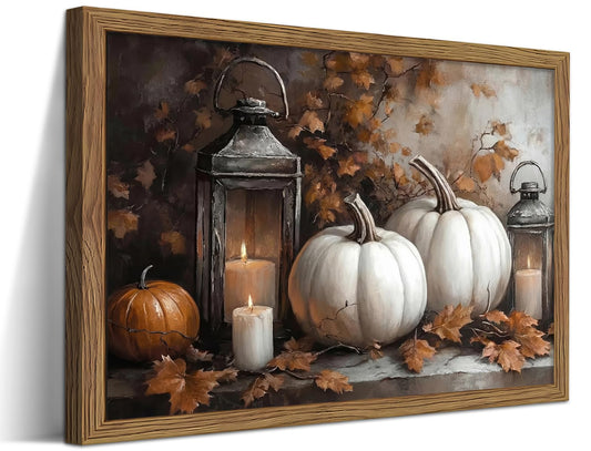 Framed Vintage Halloween Pumpkin Canvas Wall Art, Pumpkins with Lantern and Candles Print, Autumn Retro Halloween Style Artwork, Whimsical Wall Decor for Living Room Bedroom Hallway, 8x10in