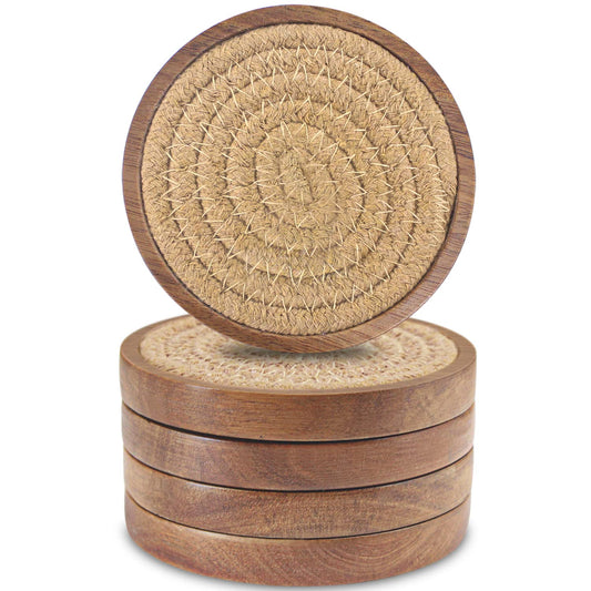 Wood Coasters for Drinks, Eykao Absorbent Coaster Sets of 5, Woven Drink Coasters for Coffee Table, Housewarming Gift for Farmhouse Home Decor,4 inches