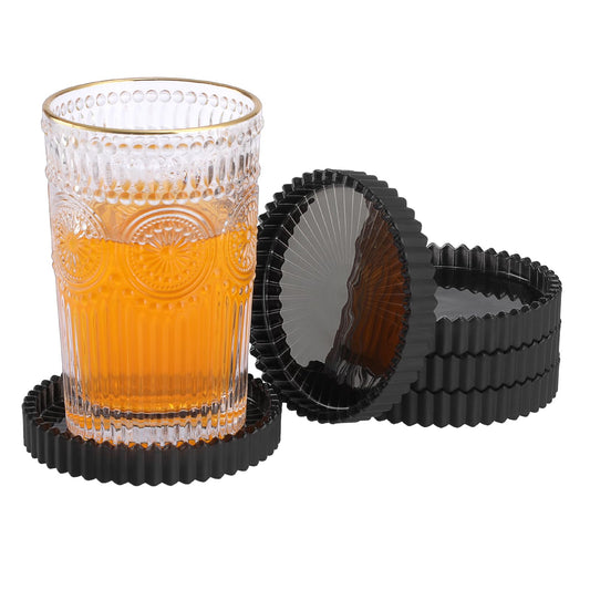 OGANAZI Glass Black Coaster Set of 5- Coasters for Glass Table Black Coasters Modern Round Cup Mats Coffee Table Decor for Kitchen, Bar, Dining Room, Living Room, Office