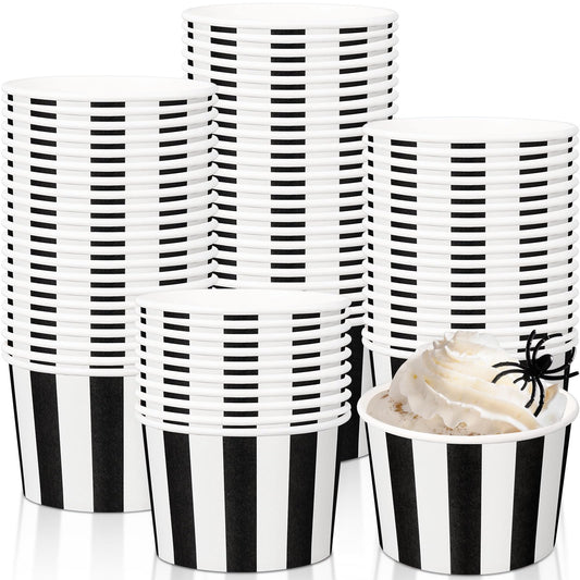 Potchen 50 Pack 9 oz Disposable Paper Bowls Fiesta Paper Soup Bowls Snack Cups Plates Wedding Birthday Party Supplies for Summer Ice Cream Taco Dessert Hot or Cold Food Holiday(Black and White Stripe)