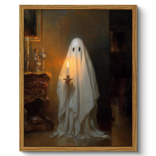 ARPEOTCY Halloween Ghost Wall Art, 8x10 Framed Canvas, Vintage Ghost Holding Candle, Gothic Dark Academia Wall Decor, Spooky Candlelight Oil Painting Art for Bedroom Living Room Fall Decor