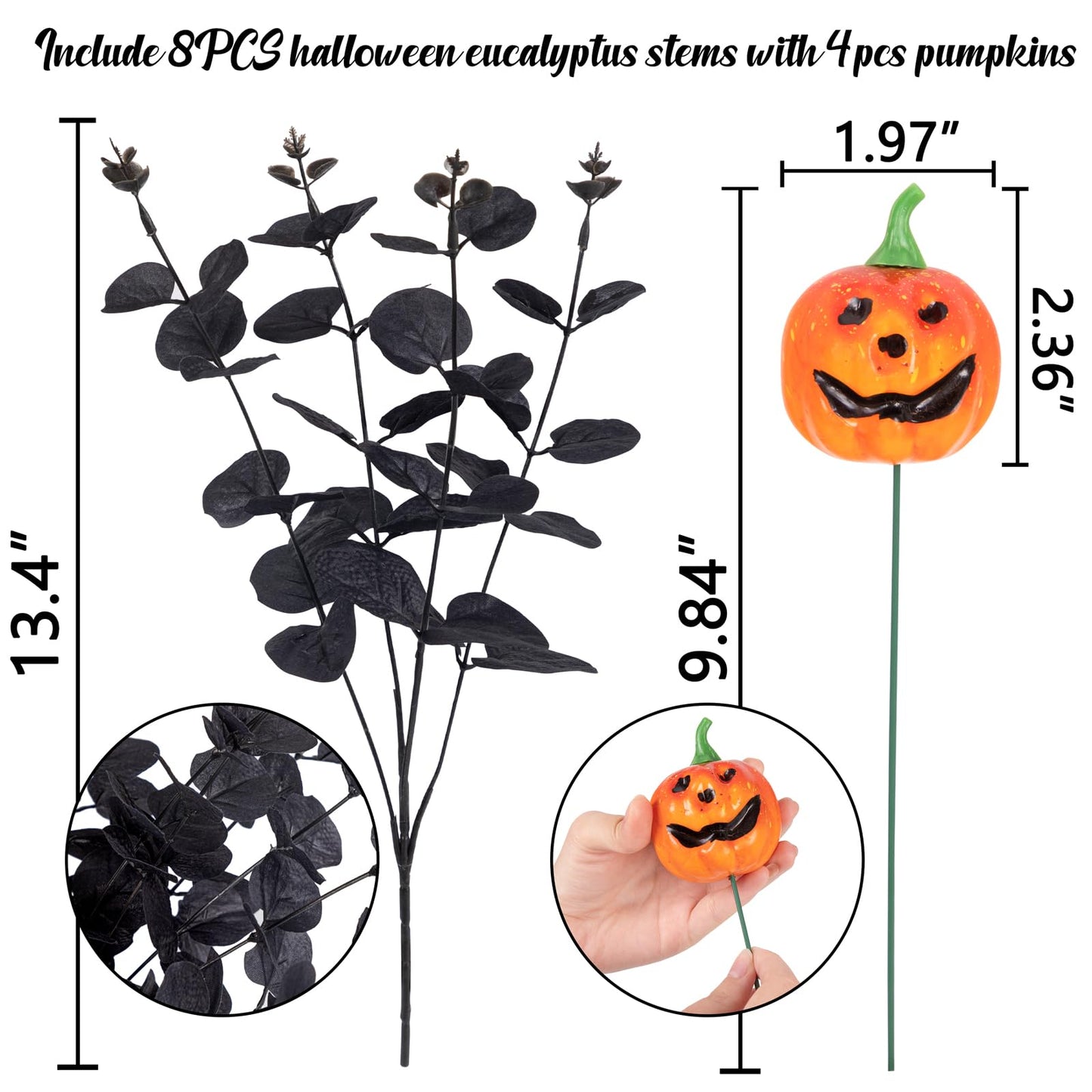 Yen Jean 12PCS Black Halloween Pumpkin Decorations Indoor Artificial Fake Flowers: Eucalyptus Branches Stems Table Centerpieces Decor