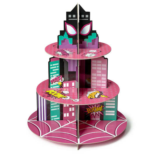 Andi Cppss Pink Spider Cupcake Stand - 3 Tier Pink Spider Party Dessert Holder Spiders Theme Cardboard Cake Stand for Birthday Party Decorations Cupcake Display for Kids Birthday Party Supplies