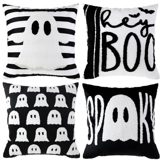 Beeveer 4 Pcs Halloween Throw Pillow Covers Set 18x18 Inch White Crochet Cute Ghost Pillow Case Embroidered Cushion Covers for Halloween Horror Farmhouse Couch Sofa Room Decor