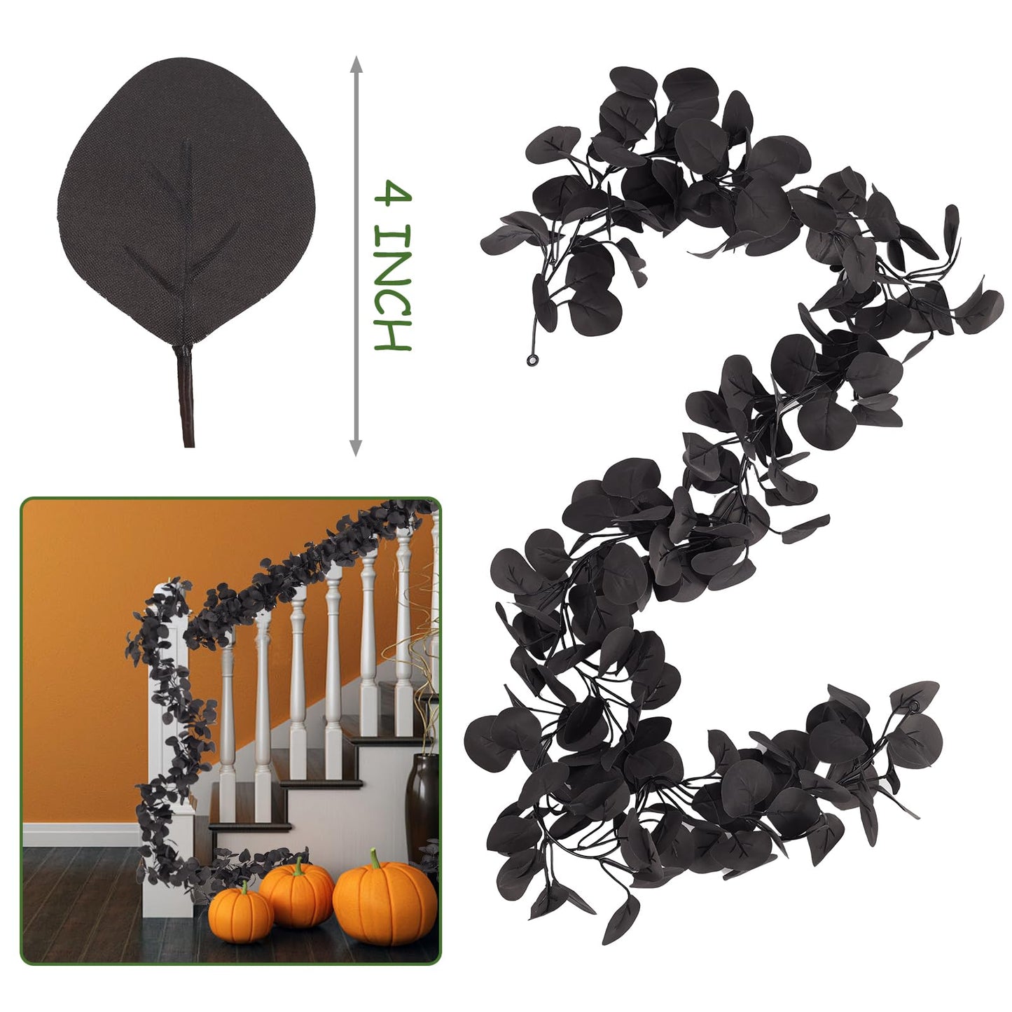 ZeKonan 2 Pack Artificial Eucalyptus Garland, 5.91FT Faux Black Eucalyptus Leaves Vines for Wedding Arch, Table Centerpiece, Wall Decor, Indoor Outdoor Party Fireplace Backdrop Halloween Decoration