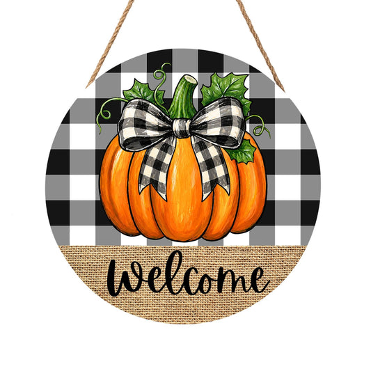 Fall Thanksgiving Pumpkin Welcome Door Sign For Front Door Decor,Autumn Black White Buffalo Plaid Wooden Sign 12"x 12" Round Hanging Seasonal Door Sign Decoration for Wall Rustic Decor