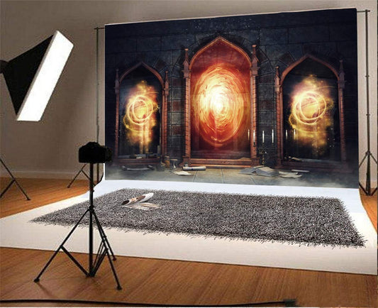 Laeacco 10x8ft Vintage Magical Arch Door Magic Gate Backdrop Dark Chamber Candle Flame Magic Mirrors Books Ancient Castle Interior Backdrop Spooky Night Halloween Party Decoration Photo Studio Props