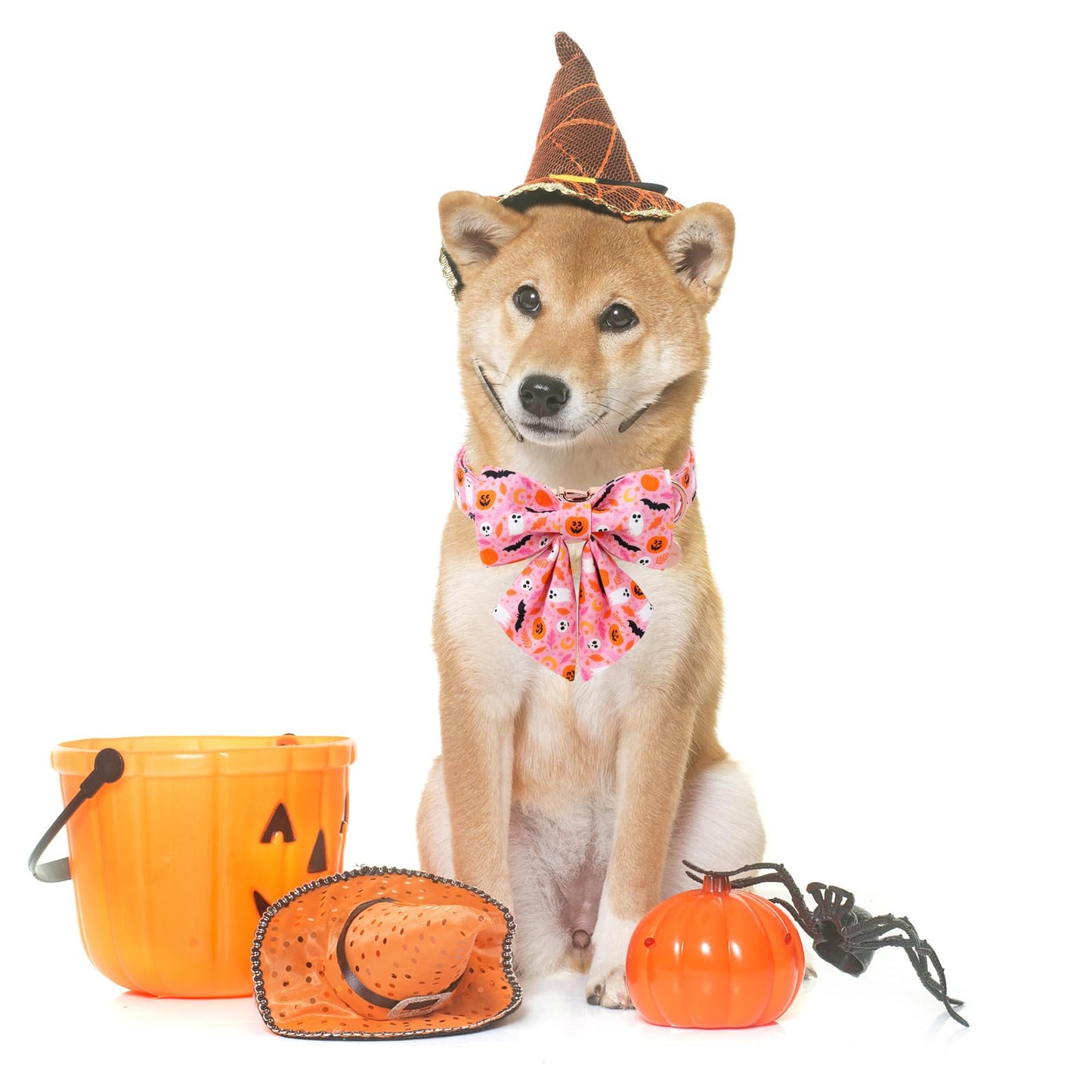 DOGWONG Halloween Dog Collar - Pink Fall Bowtie, Ghost Design, Comfortable & Adjustable for Medium & Large Dogs