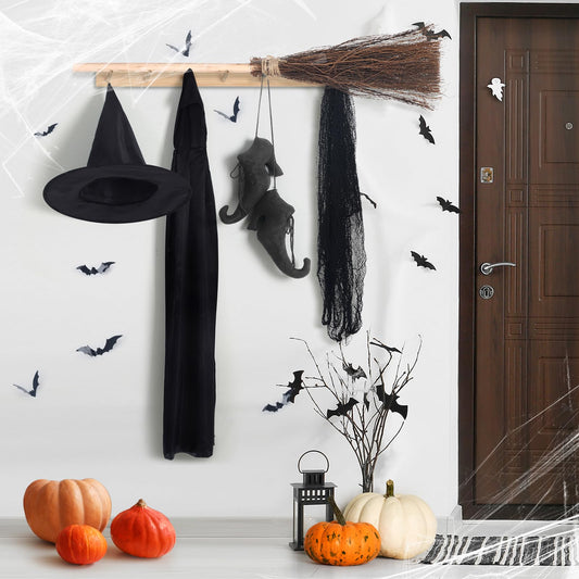 Chicingyou 18 Pcs Halloween Decorations Set Wooden Witch Broom and Hook Cloak Hat Shoes Bat Stickers Witch Costume Accessory Halloween Decorations for Front Door Porch Broom Parking Decor