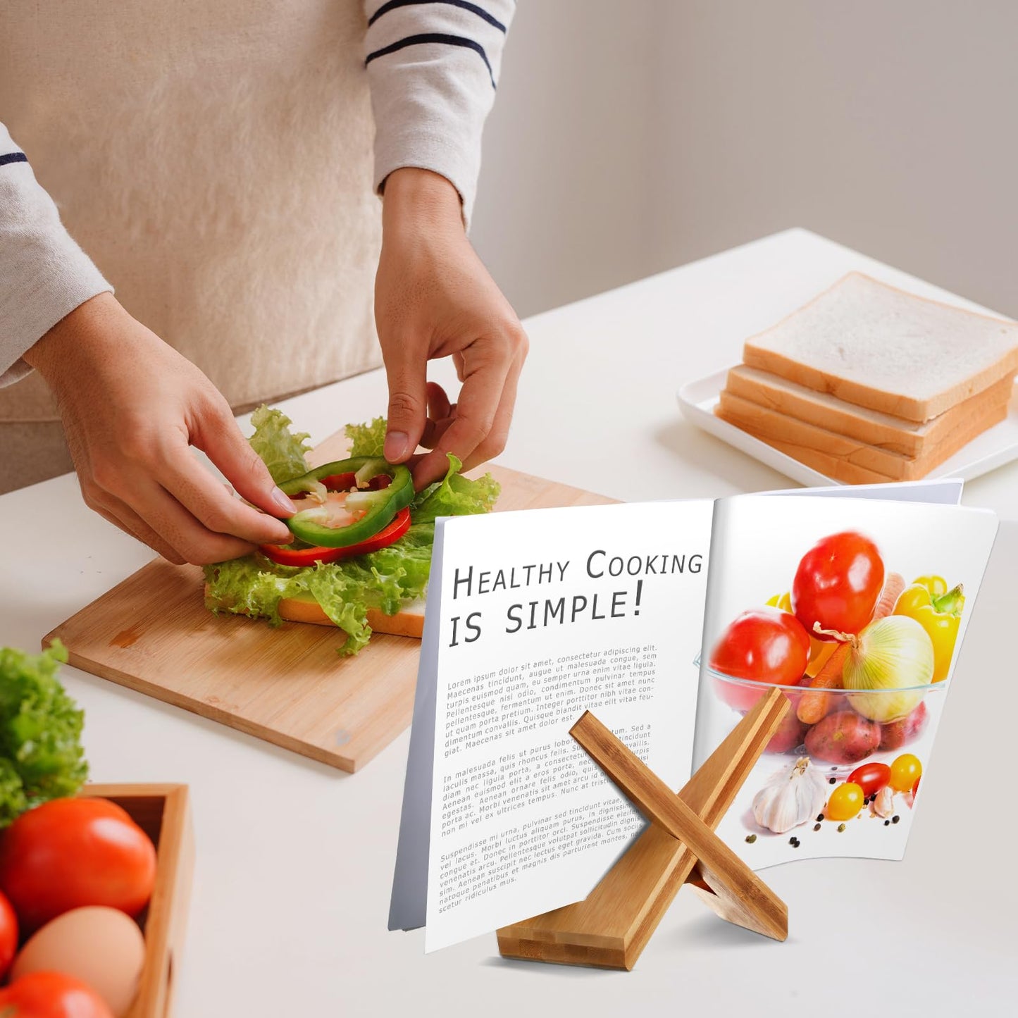 Sunnychicc Cookbook Stand for Kitchen Counter, Kitchen Recipe Book Holder, Bamboo Wooden Cookbook Holder, Rustic Cook Bookstand Tablet Stand for Farmhouse Decor for Hardcovers, Magazine(Brown)