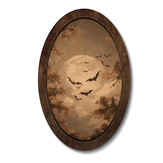 KERNDBSDF Vintage Gothic Bat Wall Art Decor, Bats Flying over Full Moon Oval Framed Wall Art, Rustic Dark Halloween Wall Hanging for Living Room Bedroom Hallway Cabin, 14.5x9.0 Inch