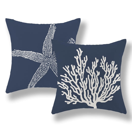 Blue Starfish Pillow Covers 18x18 Inch Set of 2, Nautical Ocean Coastal Blue Coral Throw Pillows Spring Summer Decorations Linen Pillowcase Outdoor Decor Farmhouse Cushion Case for Home Holiday