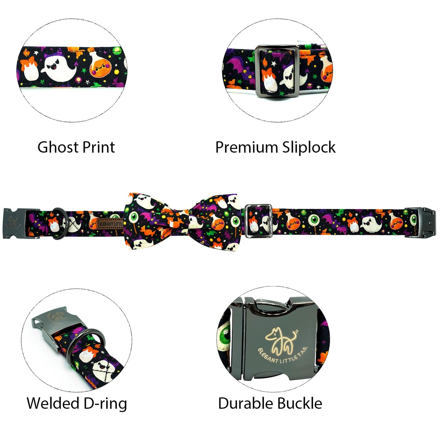 Elegant little tail Fall Dog Collar, Halloween Dog Collar Ghosts Pet Collars with Bowtie Metal Buckle Cotton Puppy Girls Boys Adjustable Pet Collars for Large Dogs