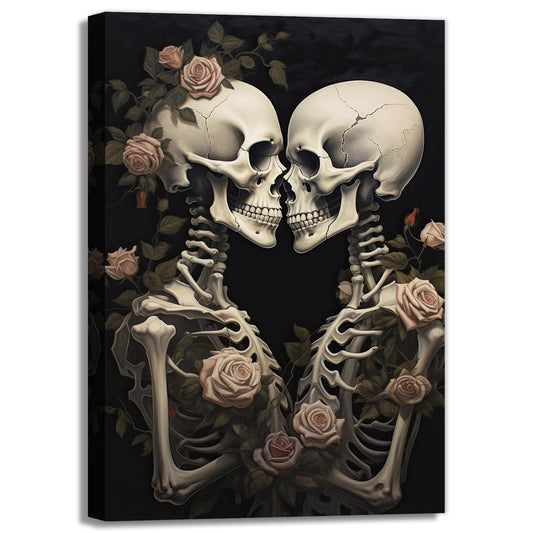 OAAPITI Vintage Skeleton Canvas Wall Art Gothic Painting Artwork Retro Rose Skull Art Poster Abstract Romantic Theme Picture Halloween Living Room Decor(Artwork-4,12"x18")