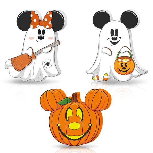 Halloween 3D Mouse Shaped Wooden Table Decor，3 Pcs Cute Pumpkin Witch Ghost Spider Wooden Tiered Tray Decor，wood Centerpiece Tabletop Ornament for Holiday Tiered Tray Halloween Party Decoration