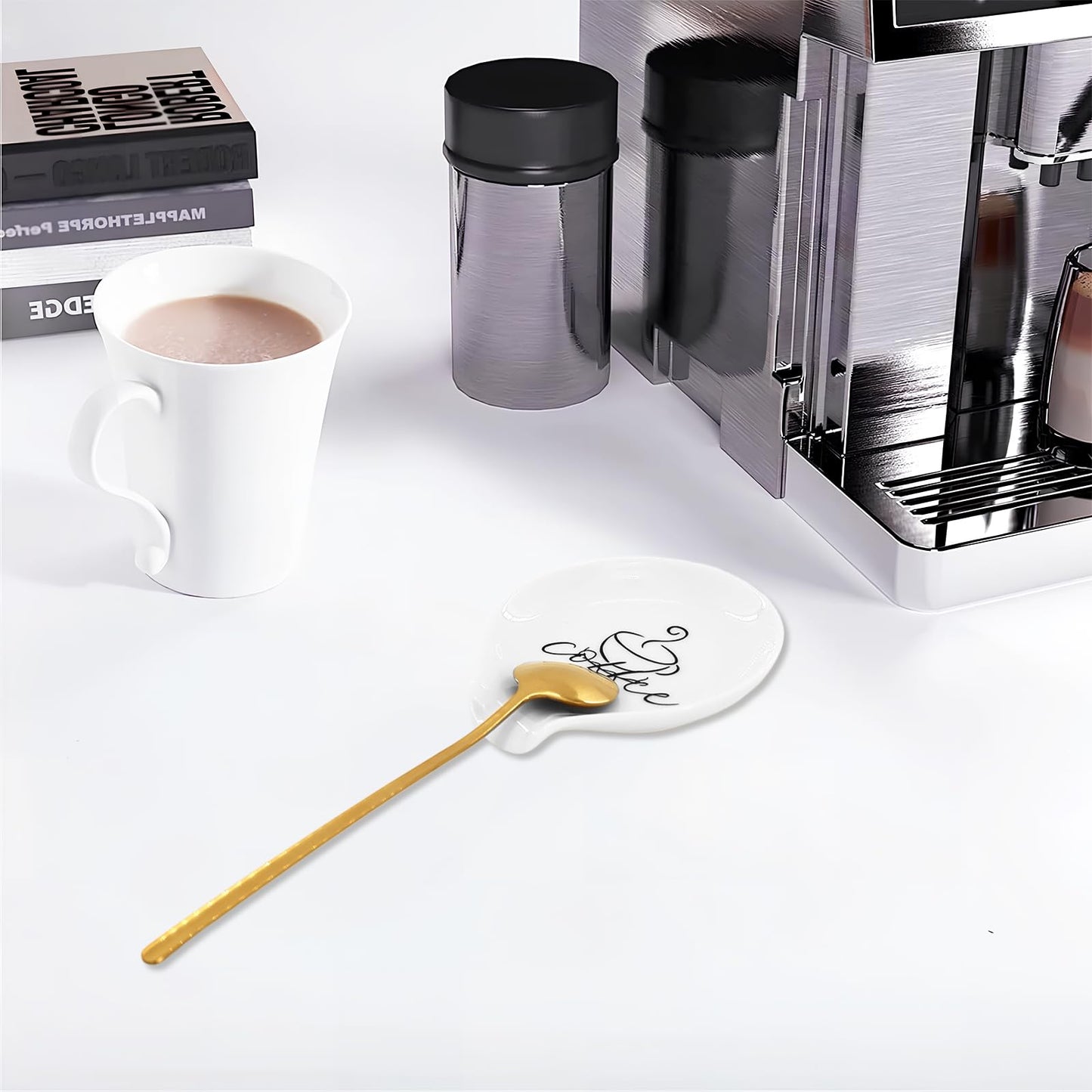 Coffee Spoon Rest Set of 2, Monogram Ceramic Spoon Holder with Matching Coffee Spoons, Cute Spoon Rest for Kitchen & Coffee Bar, Thoughtful Gift for Coffee Lovers, Anniversary & Friends