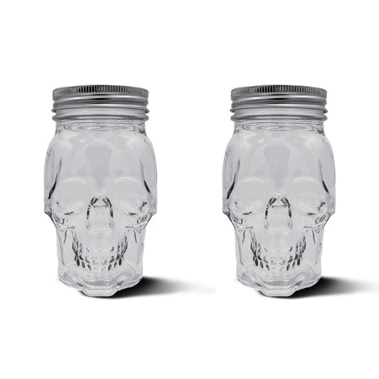 DURA LIVING Set of 2 Skull Mason Jar Glasses with Lids | 16oz Reusable Halloween Drinking Glasses | Unique Skull Décor, Storage, & Canning Jars for Parties & Gifts