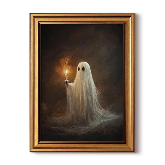 WHASAYART Gold Framed Canvas Art Prints,12x16Inch, Vintage Halloween Decor, Cozy Ghost Candle Decor for Bedroom Living Room Hallway Fireplace Shelf, Whimsical Dark Gothic Picture
