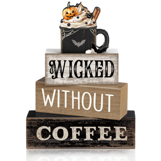 Lineshading 4 Pcs Halloween Coffee Table Decorations Wicked Wooden Stacked Sign Decor Rustic Halloween Tiered Tray Decor Decorative Pumpkin Ghost Hot Cocoa Centerpiece for Home Kitchen Coffee Bar