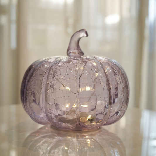 hvfun Handcrafted Lavender Crackle Glass Pumpkin Light, LED Battery Operated Table Décor with 6H Timer, Twinkle & Steady Modes, Elegant Fall & Holiday Decoration