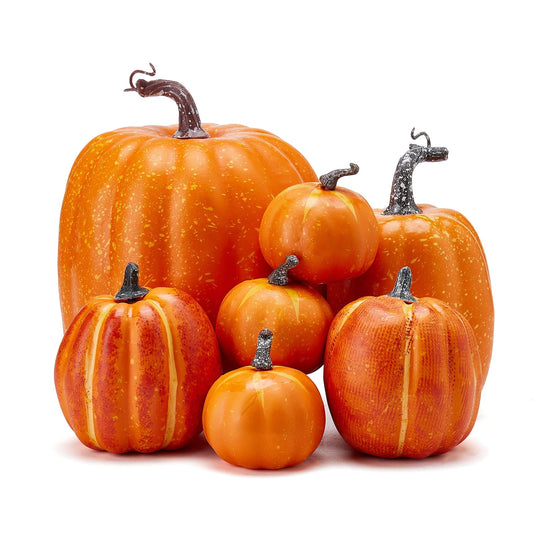 Autumn Pumpkin Decoration 7PCS Artificial Pumpkin Country Style foam Pumpkin Light Luxury Ornaments Fireplace Table Decoration Applicable to Halloween Harvest Day Thanksgiving Day (Orange)
