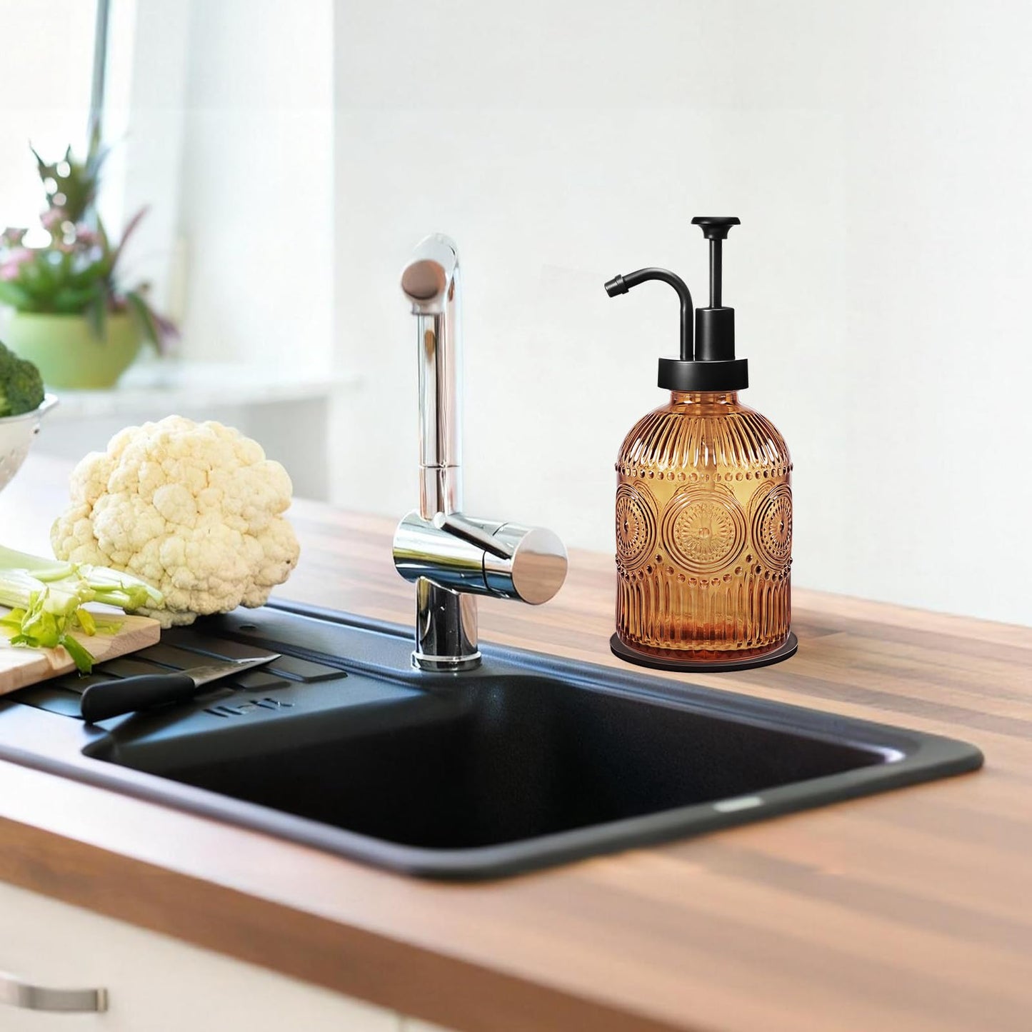 Amolliar 12 Oz Vintage Glass Bathroom Soap Dispensers with Pump, Refillable Kitchen Dish Soap Dispenser with Stripe, Antique Rustic Hand Soap Liquid Bottle (Brown-Black Pump)