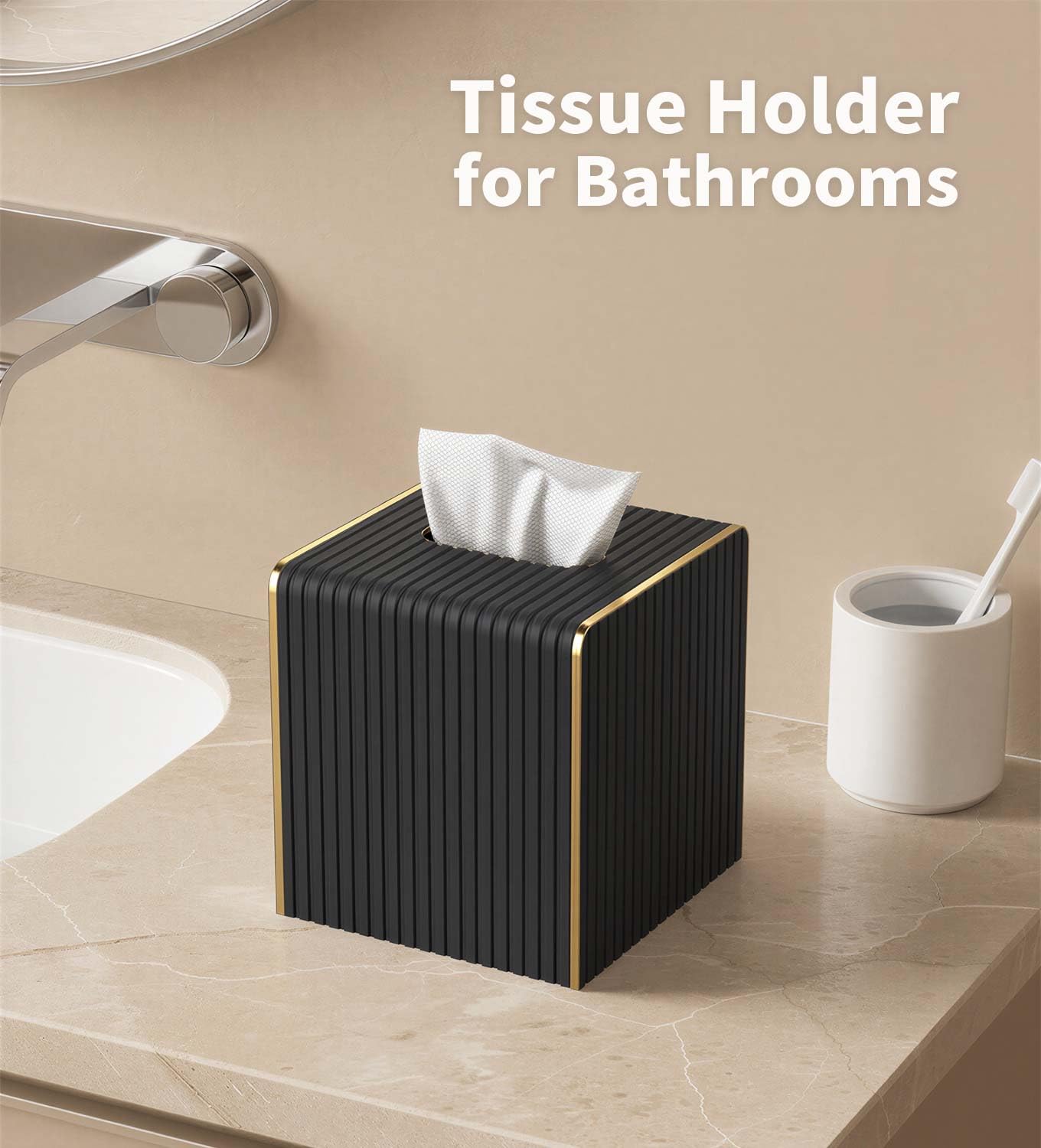 Tissue Box Cover Square with Magnetic Closure, PU Leather Tissue Box Holder with Gold-Tone Edging for Bathroom Vanity Countertop Night Stands Bedroom Office Desk, Modern Home Decor (Blacks)