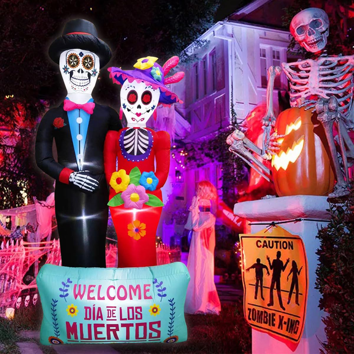 Dia De Los Muertos Decoration, 6 FT Halloween Inflatables Décor Day of The Dead Spooky Sugar Skull Couple, Blow Up Yard Decorations with Built-in LED for Outdoor Garden, Lawn