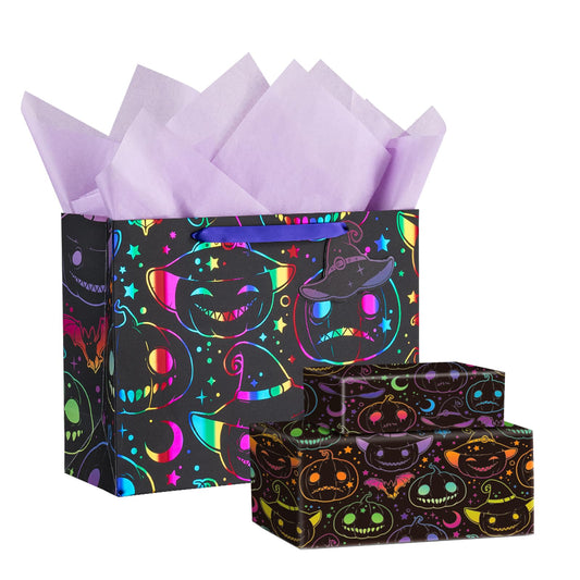 LeZakaa Halloween Pumpkin Wrapping Paper Roll, 13" Gift Bag with Tissue Paper, Gift Tag, and Card, Evil Pumpkin Fluorescent Black Design for Halloween, Holidays, Party