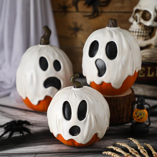 Halloscume 3 Pcs Halloween Ghost Pumpkins Figurines Table Decorations 5.91" 3.94" and 5.12" Resin Pumpkins Statue Tabletop Signs Halloween Decor for Party Shelf Mantel Centerpieces Indoor