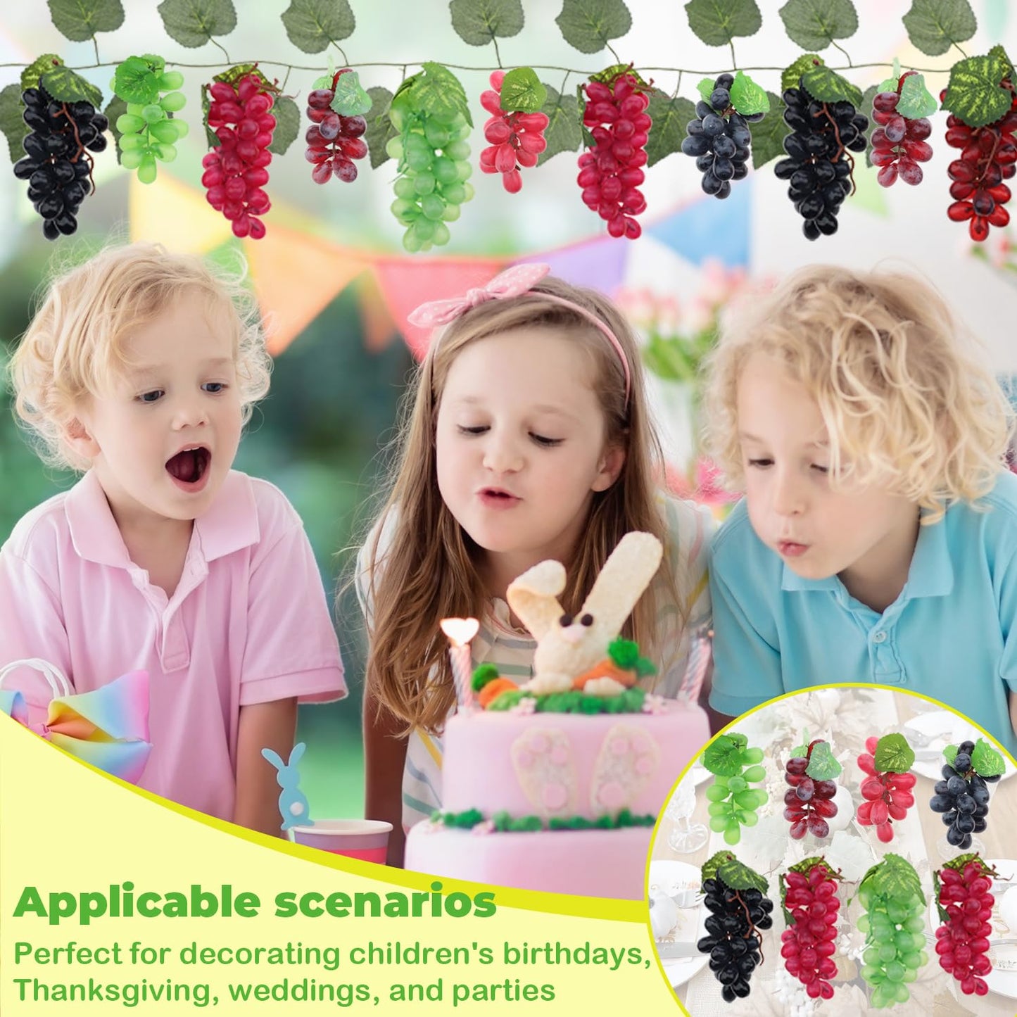 Quancru Artificial Grapes Leaves Vines 6 Strands & Fake Grape 8 Bunches Simulation Red Black Purple Green Fruit Photography for Indoor Outdoors Wedding Party Cabinet Garland Ornament Wall Decortion