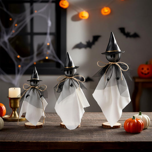AceOrbit Halloween Decorations Indoor Ghost Set of 3 Sizes Primitive Ghost Wooden Stand Rustic with Witch Hat Spider Fabric Figure Shelf Sitters Table Centerpieces Tiered Tray Halloween Party Supply