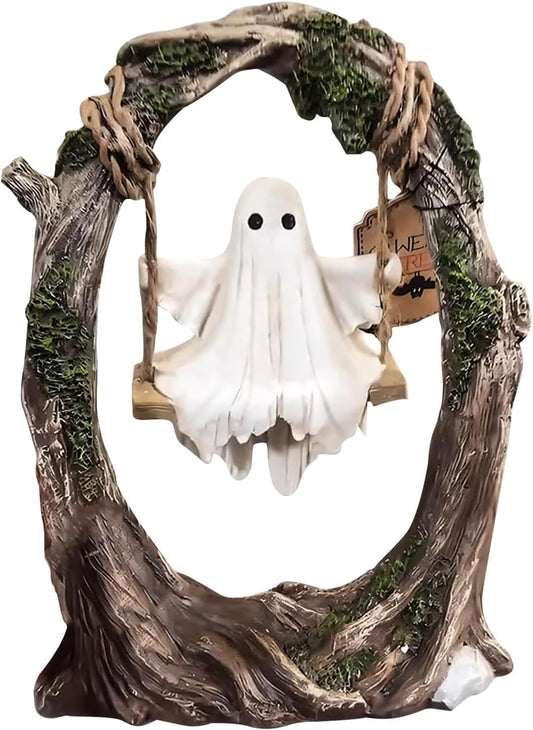 AZYM Ghost Halloween Decor,Ghost on a Tree Swing,Cute Funny Swinging Ghost Halloween Figurine Decoration,for Indoor Desktop Bookshelf Outdoor Garden Patio Lawn Decor