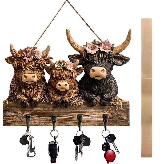 Dexprosy 2D Highland Cow Key Hooks for Wall - Wooden Key Holder and Organizer with Flat Design for Home, Office, or Garage Decor