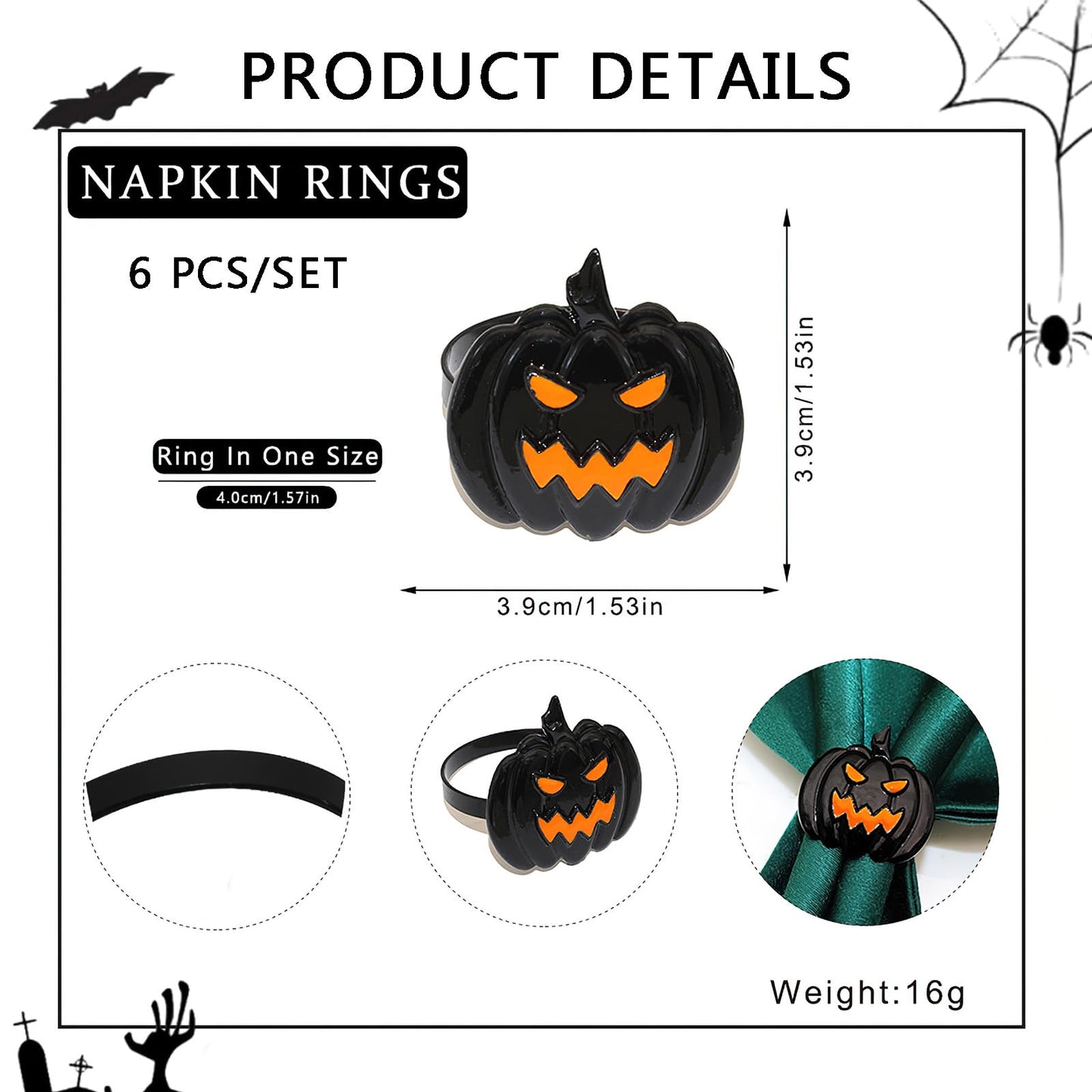 6 Pcs Halloween Napkin Rings Set Pumpkin Napkin Ring Holders Black Spooky Metal Alloy Serviette Buckles for Halloween Kitchen Dinner Table Party Decorations