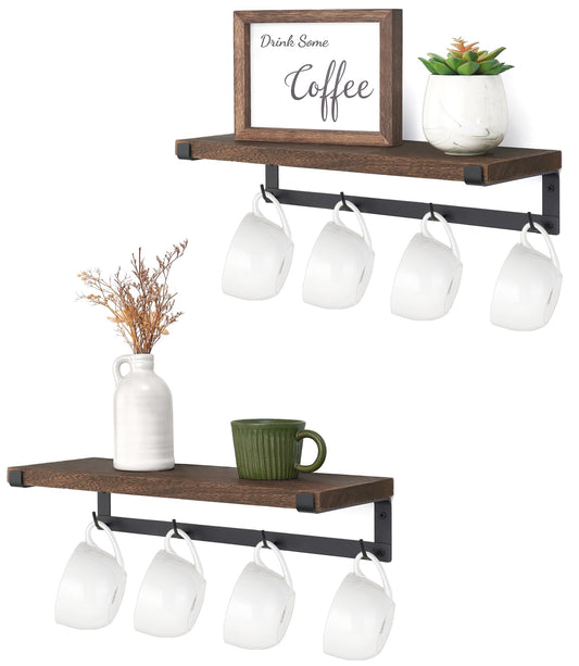 Dahey Mug Holder Wall Mounted Mug Rack with Hooks, Set of 2, Storage Rustic Floating Shelf Coffee Bar Accessories Wood Coffee Cup Hanger for Organizing Cooking Utensil Home Kitchen Decor, Brown